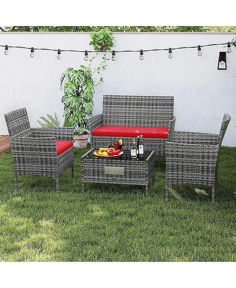 Sugift Patio Rattan Conversation Set with Tempered Glass Coffee Table