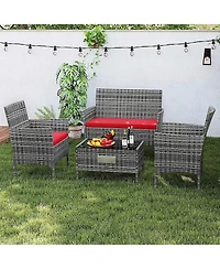 Sugift Patio Rattan Conversation Set with Tempered Glass Coffee Table
