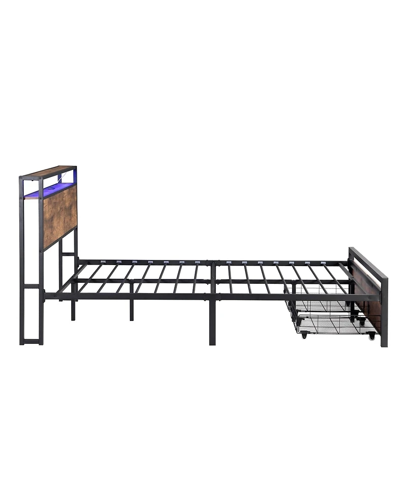 Boyel Living Queen Size Industrial Bed Frame with Storage Headboard Led Lights Charging Station and 2 Underbed Drawers