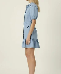 Modenaire Women's Short Sleeve Belted Button-Front Puff-Sleeve Mini Dress