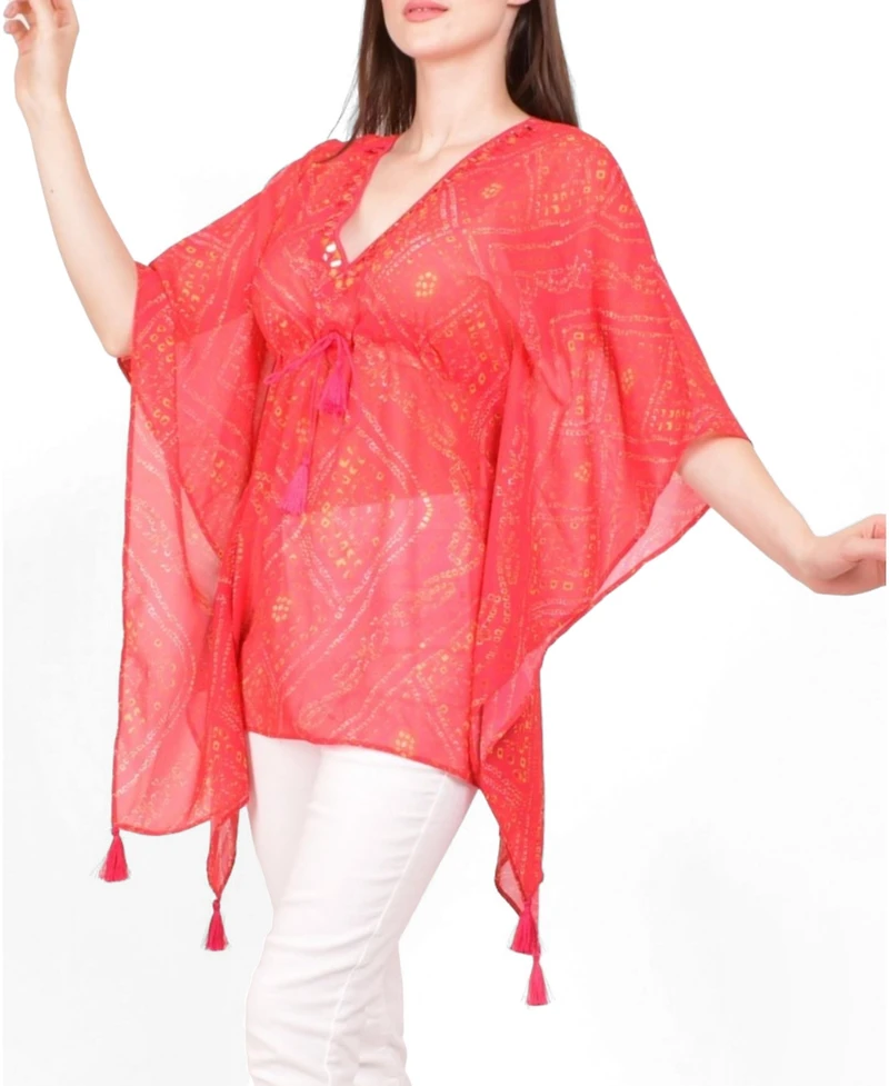 Raas Women's Bandhani Tie-Dye Mirror Embroidered Boho Kaftan Top