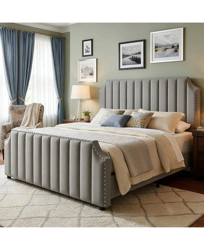 gaomon Queen Platform Bed, 52" Velvet Headboard with Nailhead Trim, Wood Slats, No Box Spring Needed