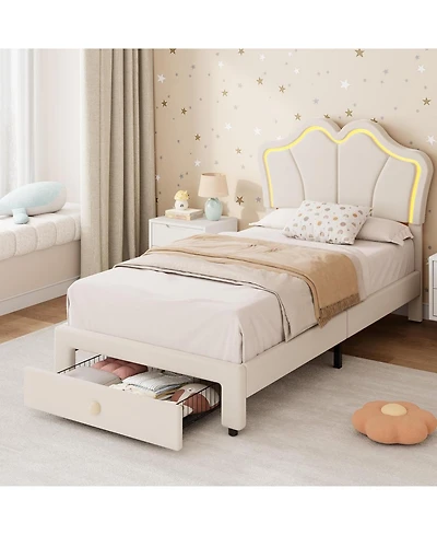 gaomon Twin Bed Frame with Storage, Upholstered Led Bed Frame with Headboard, Cute Velvet Platform Bed for Kids, Girls, No Box Spring Needed
