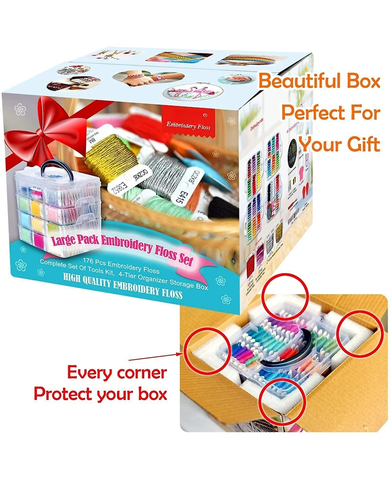 Gnuadz 176 Embroidery Floss Set Tools Kit 4-Tier Organizer Box