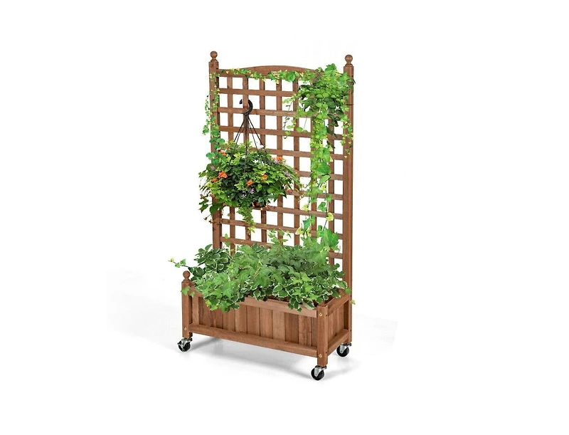 Lucky One 50 Inch Wooden Planter Box with Trellis and Wheels, Raised Garden Bed