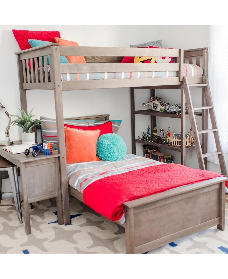 Max & Lily L-Shaped Twin over Bunk Bed with Bookcase and Desk
