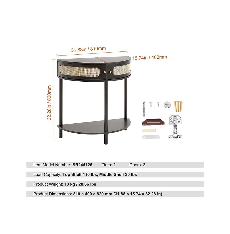 Sugift Half-Moon Rattan Console Table with Two Drawers and Sliding Door Storage Cabinet