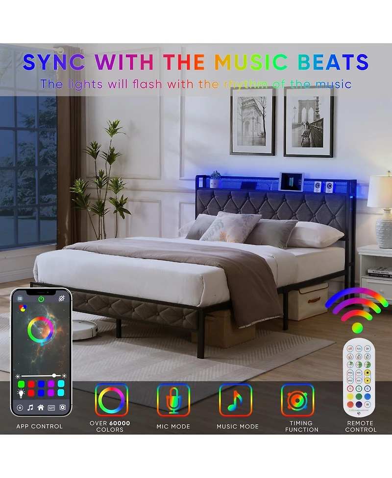 Boyel Living Full Size Upholstered Platform Bed with Led Headboard Charging Station and Noise Free Metal Slats
