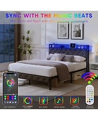 Boyel Living Full Size Upholstered Platform Bed with Led Headboard Charging Station and Noise Free Metal Slats