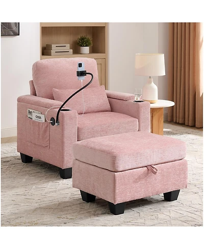 Streamdale Furniture Single Sofa Recliner with Storage Ottoman and Usb