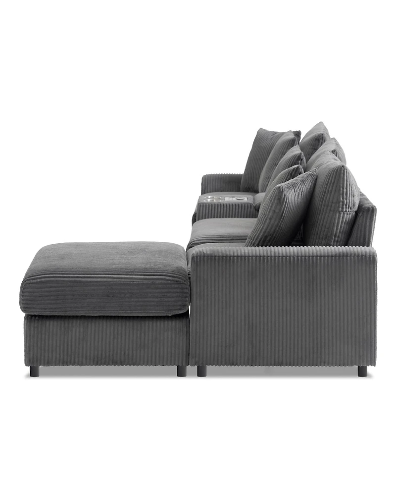 Streamdale Furniture Corduroy Sectional Sofa with Bluetooth, Usb, Cup Holders, Storage, Ottoman, Cloud Seat