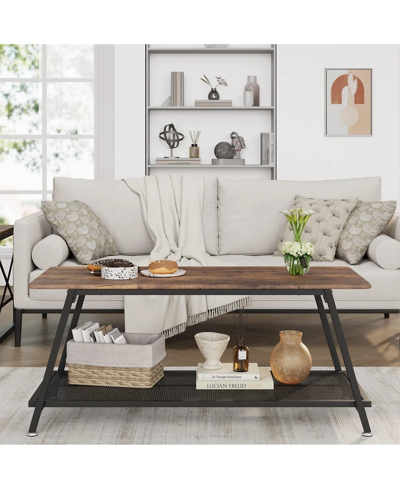 homfan Coffee Table, 2-Tier Center Table with Wood Legs and Thickened Top, Living Room with Rounded Corners, Side Table for Office
