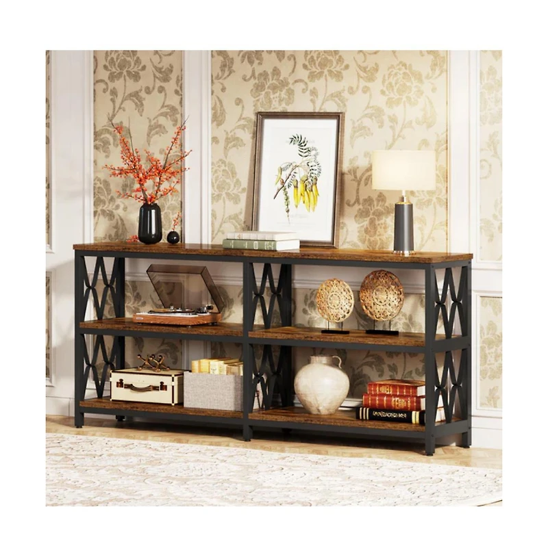Slickblue Industrial Console Table with 3 Storage Shelves for Living Room and Foyer Use-Rustic Brown