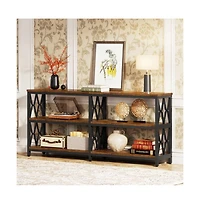 Slickblue Industrial Console Table with 3 Storage Shelves for Living Room and Foyer Use-Rustic Brown