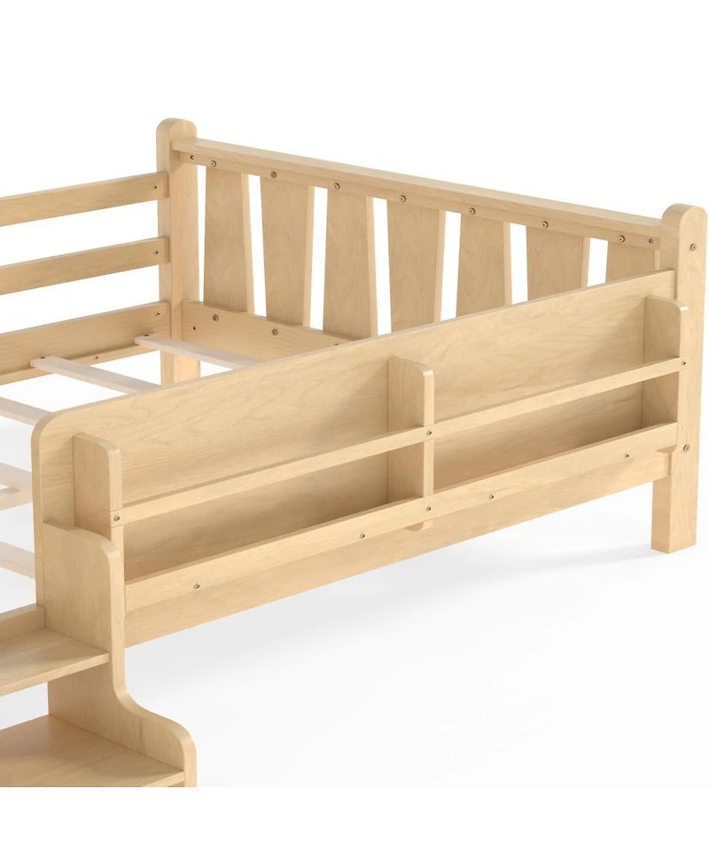 Streamdale Furniture Full Size Floor Bed with Storage Bookcases, Stairs, and Guardrails