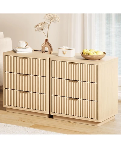 homfan Fluted Nightstand Set of 2 with Outlet, 3-Drawer Bedside Tables with Metal Handles and Storage for Bedroom or Living Room