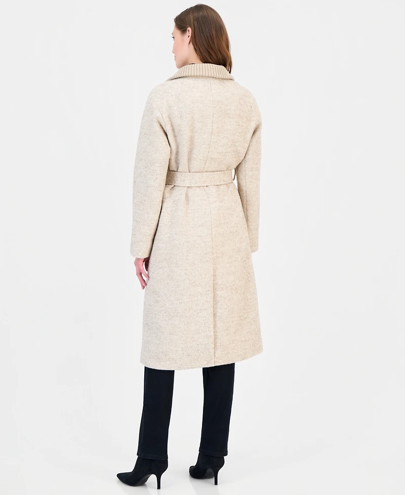 Calvin Klein Women's Belted Knit-Collar Textured Coat