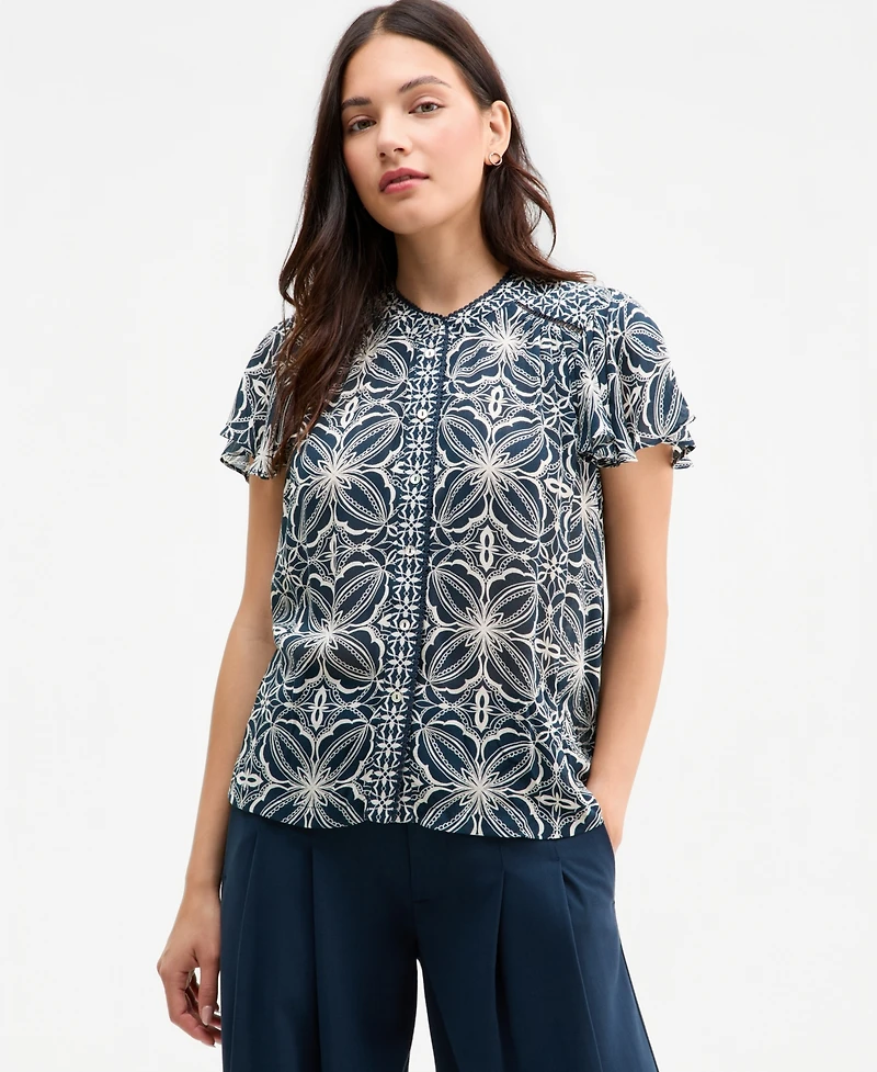 Liverpool Los Angeles Women's Mixed-Print Button-Front Flutter-Sleeve Top