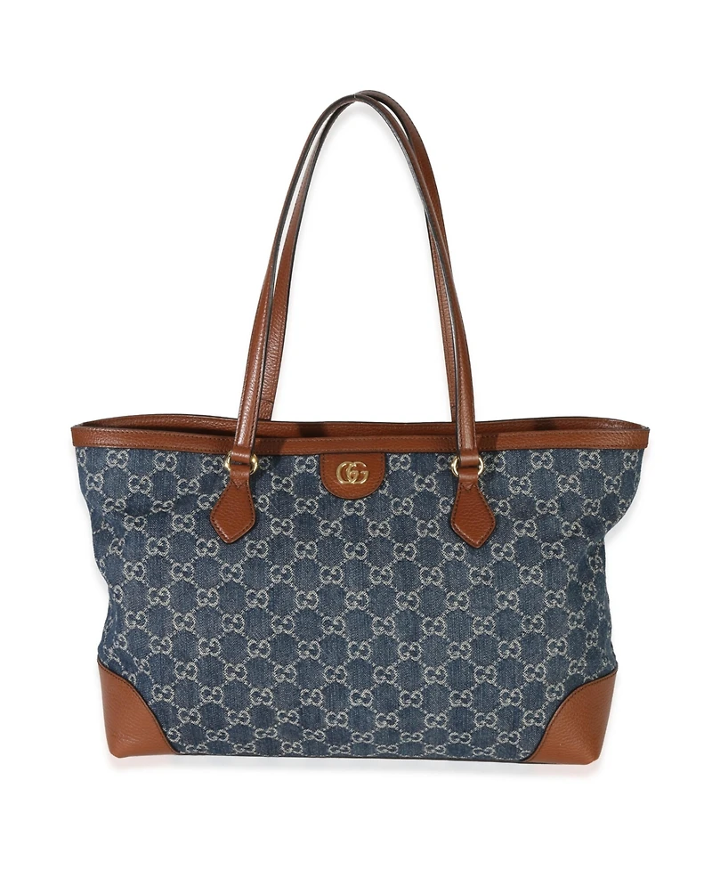 Pre-Owned Gucci Blue New Denim Gg Monogram Dollar Calfskin Medium Ophidia Shopping Tote