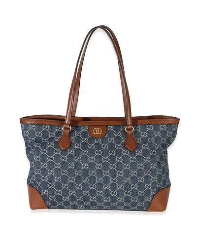 Pre-Owned Gucci Blue New Denim Gg Monogram Dollar Calfskin Medium Ophidia Shopping Tote