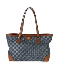 Pre-Owned Gucci Blue New Denim Gg Monogram Dollar Calfskin Medium Ophidia Shopping Tote