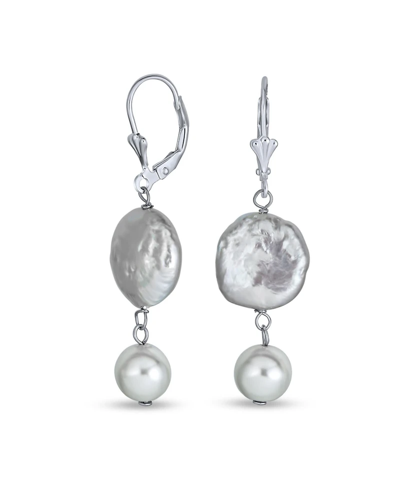 Bling Jewelry Cultured Coin Biwa Pearl Leverback Dangle Earrings .925 Sterling Silver