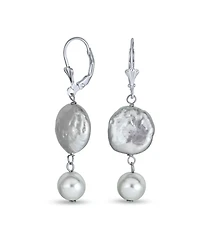 Bling Jewelry Cultured Coin Biwa Pearl Leverback Dangle Earrings .925 Sterling Silver