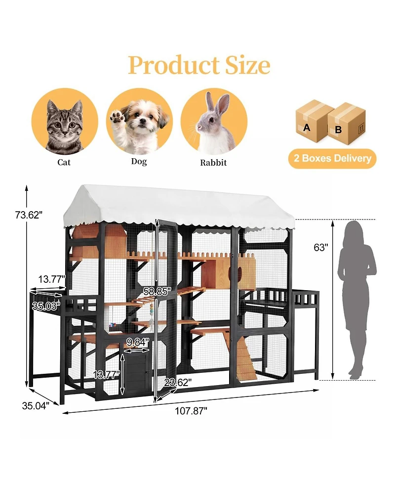 6thdruple Outdoor Cat Enclosure, Multi-Level Wood Catio with Plant Stands, Roof for Backyard Patio