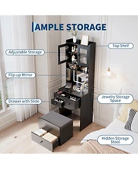 gaomon Compact 3-in-1 Vanity Desk with Mirror and Led Lights - Modern Makeup Table Drawers, Storage Compartment, Rolling Chair