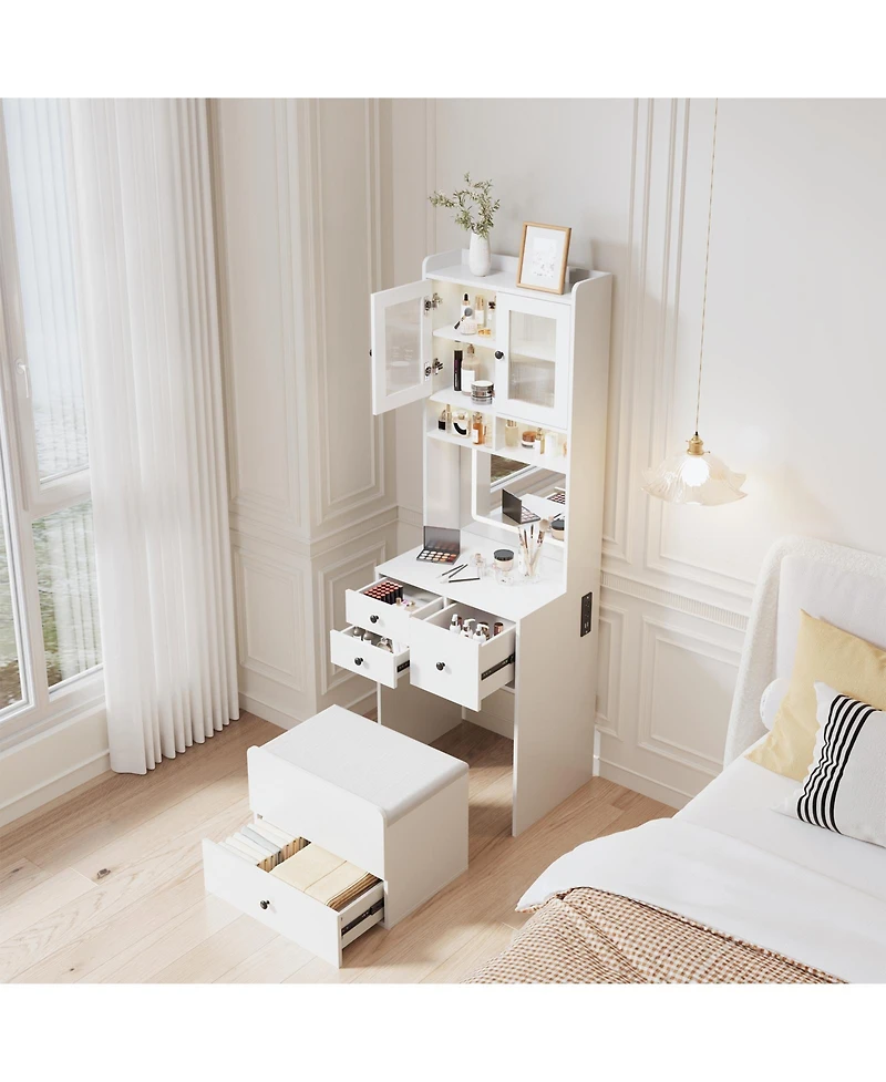 gaomon Compact 3-in-1 Vanity Desk with Mirror and Led Lights - Modern Makeup Table Drawers, Storage Compartment, Rolling Chair