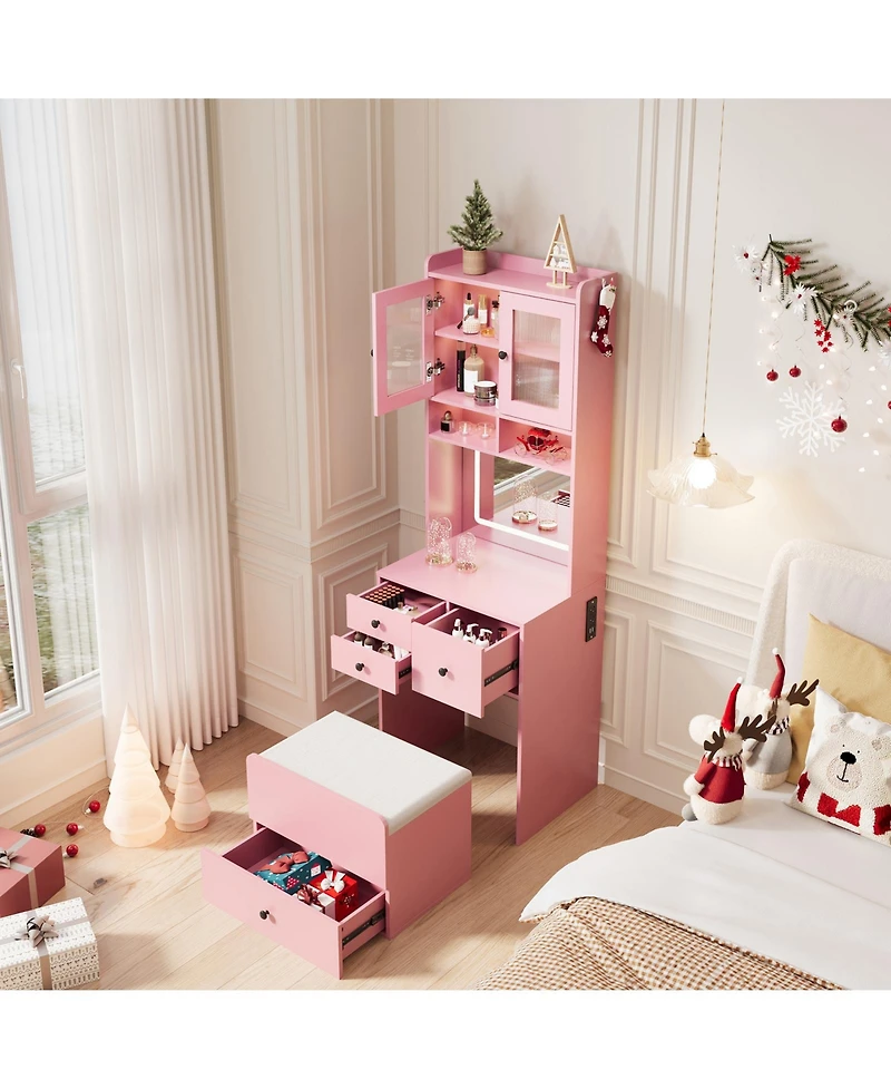 gaomon Compact 3-in-1 Vanity Desk with Mirror and Led Lights - Modern Makeup Table Drawers, Storage Compartment, Rolling Chair