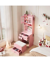 gaomon Compact 3-in-1 Vanity Desk with Mirror and Led Lights - Modern Makeup Table Drawers, Storage Compartment, Rolling Chair