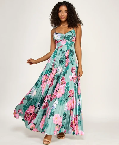 Katia Rae Juniors' Floral Tie-Back Pleated Dress