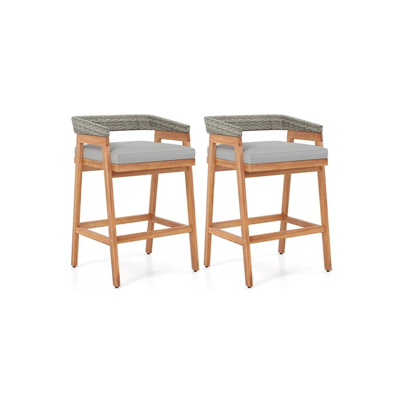 Boyel Living Set of 2 Patio Acacia Wood Counter Height Bar Stools with Cushions and Pe Wicker Backrests Footrests