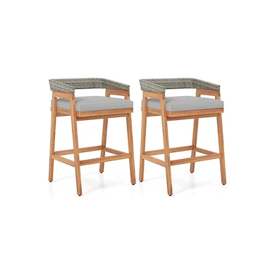 Boyel Living Set of 2 Patio Acacia Wood Counter Height Bar Stools with Cushions and Pe Wicker Backrests Footrests