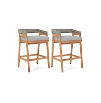 Boyel Living Set of 2 Patio Acacia Wood Counter Height Bar Stools with Cushions and Pe Wicker Backrests Footrests