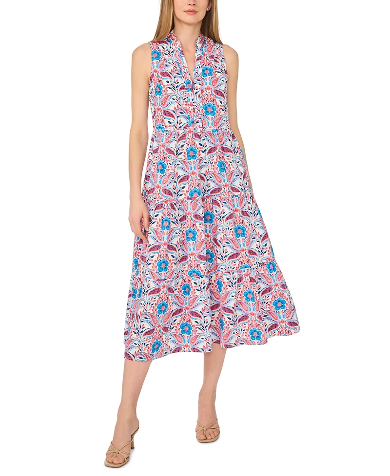 CeCe Women's Printed Collared V-Neck Sleeveless Dress