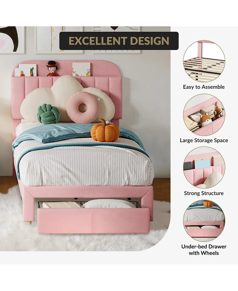 homfan Twin Bed Frame for Kids, Upholstered Platform Bed with Storage Drawer and Bookcase Headboard, Noise-Free Easy Assembly Bed