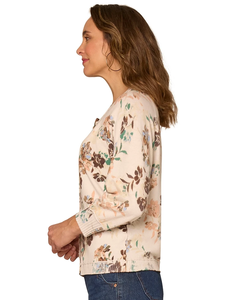 Democracy Petite Printed Round Neck Cardigan
