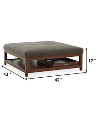 Jacey 17" Leather Square Wood Tray Ottoman