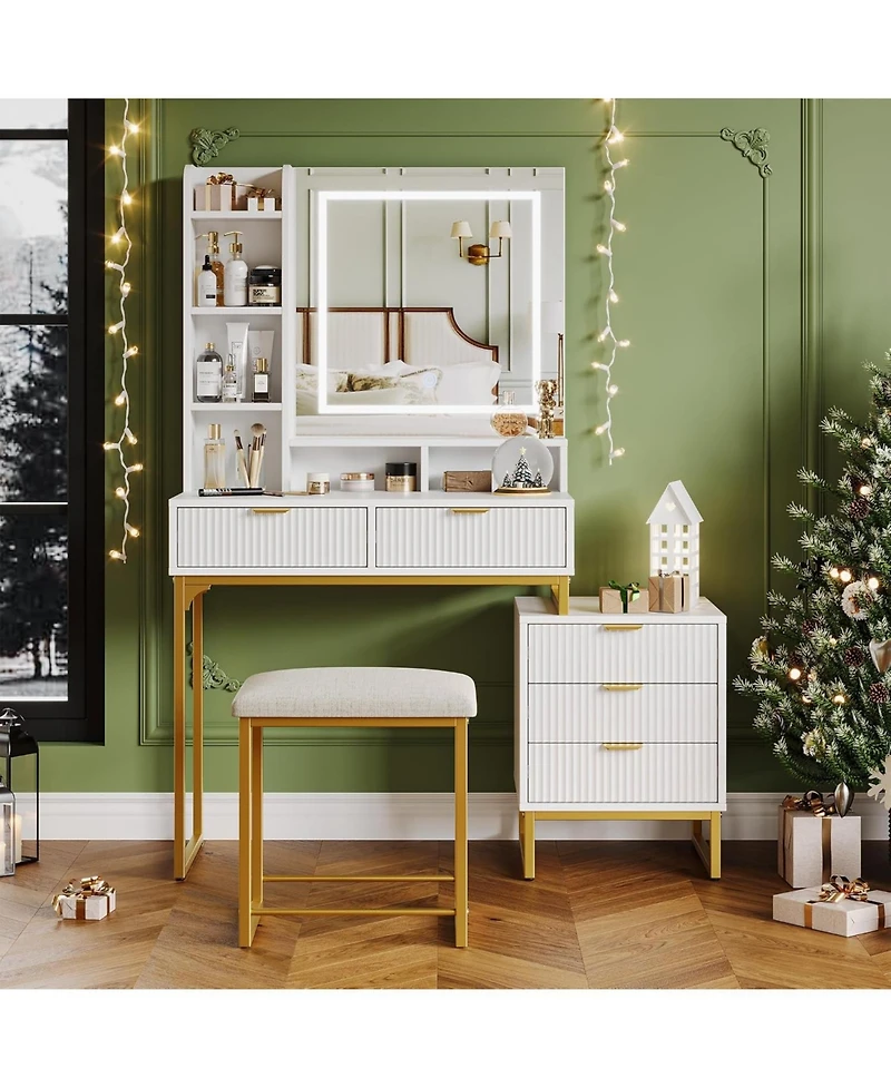 gaomon Makeup Vanity Desk with Led Mirror, 5 Drawers, Removable Cabinet & Cushioned Stool