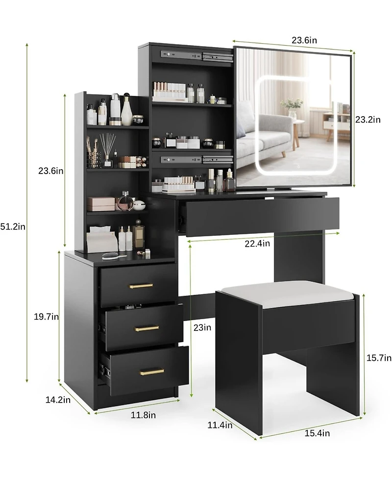 gaomon Makeup Vanity Desk with Sliding Led Mirror, Power Outlet, 4 Drawers, Shelves & Cushioned Stool