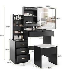 gaomon Makeup Vanity Desk with Sliding Led Mirror, Power Outlet, 4 Drawers, Shelves & Cushioned Stool
