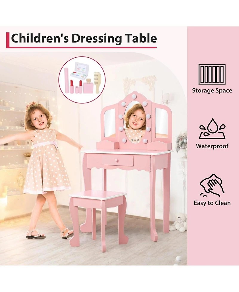 gaomon Kids Vanity Table and Chair Set with 3 Mirrors, Led Light & Drawer
