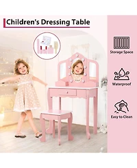 gaomon Kids Vanity Table and Chair Set with 3 Mirrors, Led Light & Drawer