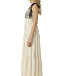 Modenaire Women's Smocked Lace-Trim Bow-Tie Strap Maxi Dress