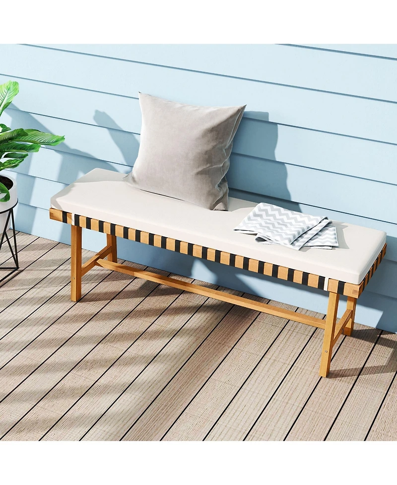 Gymax 2 Pieces 48'' Long Acacia Wood Outdoor Bench Thick Padded Seat Cushion Entryway