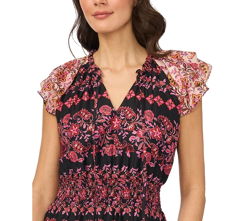 CeCe Women's Tie-Neck Smocked Waist Printed Dress