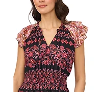 CeCe Women's Tie-Neck Smocked Waist Printed Dress