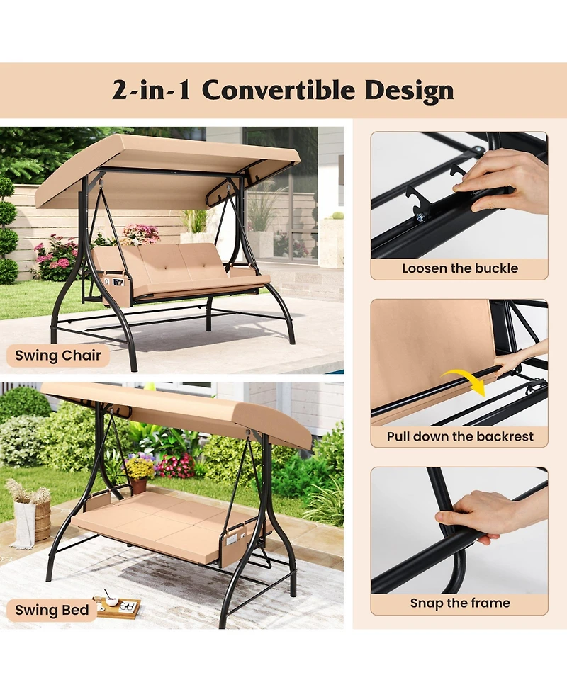 Sugift 3-Piece Patio Swing Set with Canopy and Removable Cushions